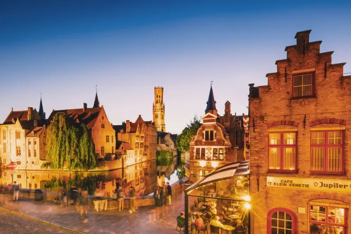 Framed Print : Elevated view of Bruges old town reflecting in the water canal, Belgium Framed Print : Elevated view of Bruges old town reflecting in the water canal, Belgium