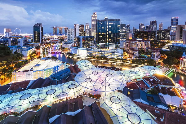 Elevated view of business district at dusk, Clarke Quay, Singapore