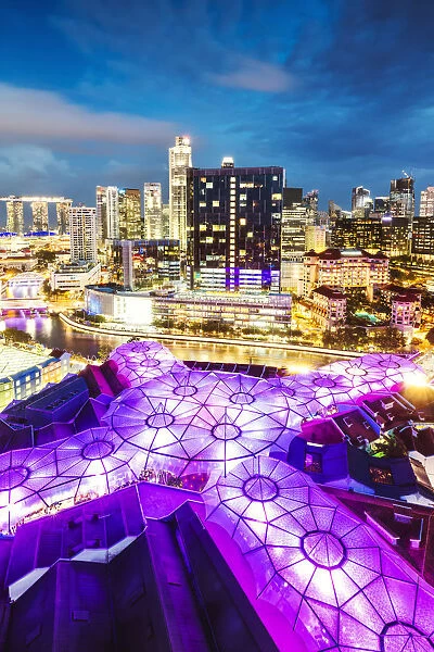 Elevated view of business district at dusk, Clarke Quay, Singapore