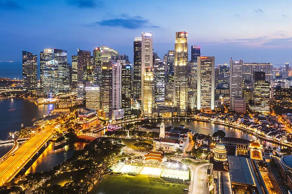 Elevated view of business district at dusk, Singapore