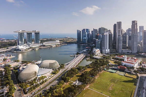 Elevated view of business district and Marina bay Sands, Singapore