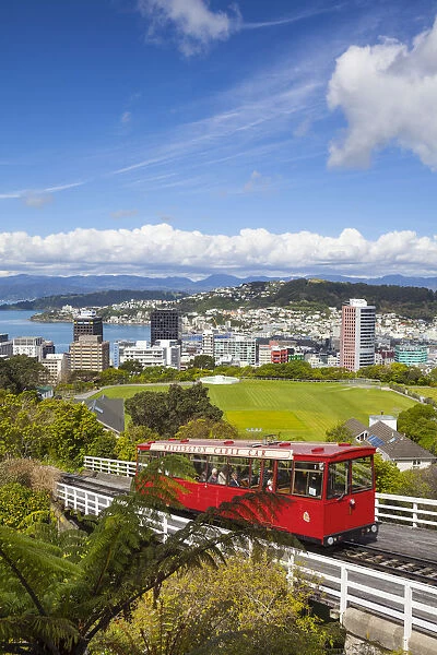 Elevated view over Cable-car (Funicular) and central Wellington, Wellington, North Island