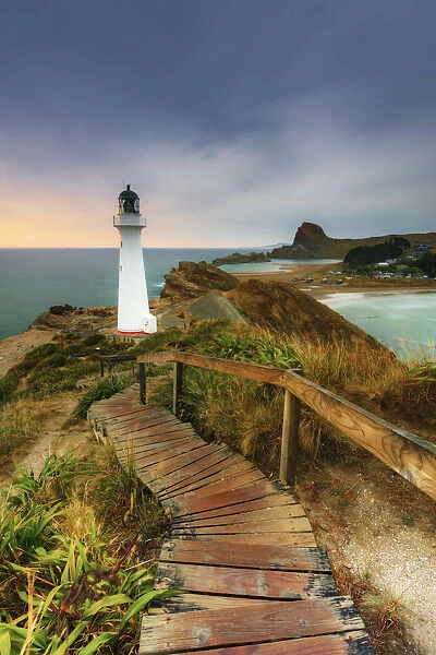 Elevated view of Castle Point lighthouse at dawn, North Island, New Zealand