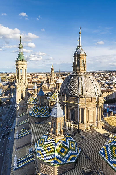 Elevated view of the Cathedral of Our Lady of the Pillar. Zaragoza, Aragon, Spain