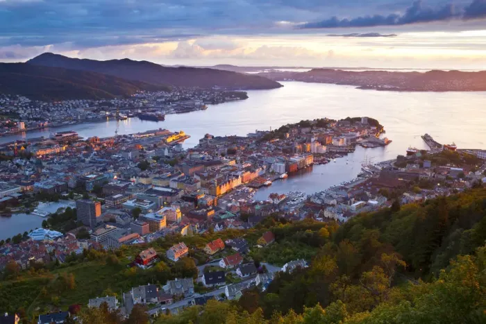 Framed Print : Elevated view over central Bergen illuminated at sunset, Bergen, Hordaland, Norway Framed Print : Elevated view over central Bergen illuminated at sunset, Bergen, Hordaland, Norway