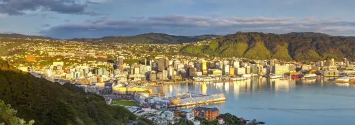 Framed Print : Elevated view over central Wellington illuminated at sunrise, Wellington, North Island Framed Print : Elevated view over central Wellington illuminated at sunrise, Wellington, North Island