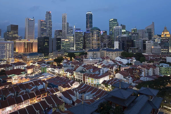 Elevated view over Chinatown, the new Buddha Tooth Relic temple and modern city skyline
