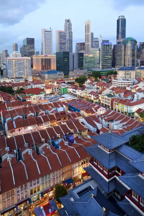 Framed Print : Elevated view over Chinatown, the new Buddha Tooth Relic temple and modern city skyline Framed Print : Elevated view over Chinatown, the new Buddha Tooth Relic temple and modern city skyline