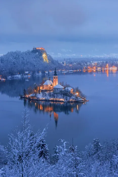 Framed Print : Elevated view of the Church of the Assumption, Lake Bled, Slovenia by night Framed Print : Elevated view of the Church of the Assumption, Lake Bled, Slovenia by night