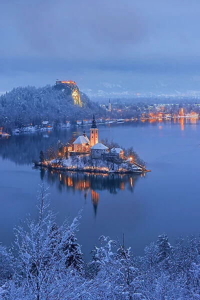 Elevated view of the Church of the Assumption, Lake Bled, Slovenia by night