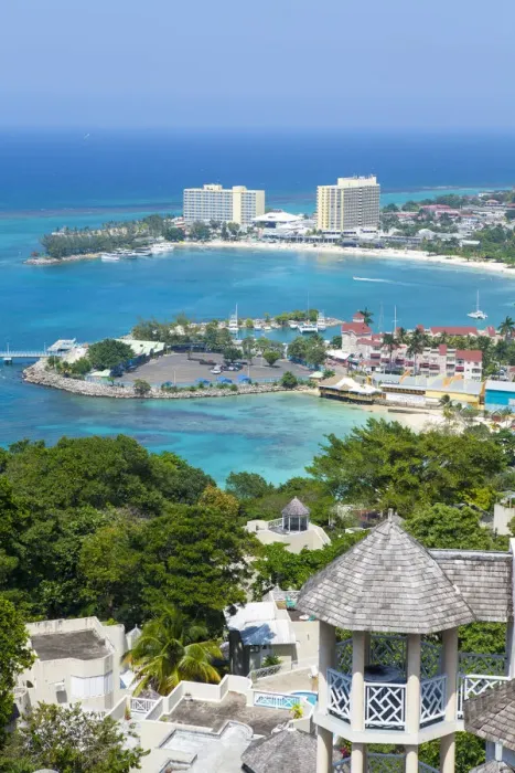 Framed Print : Elevated view over city & coastline, Ocho Rios, St. Ann Parish, Jamaica, Caribbean