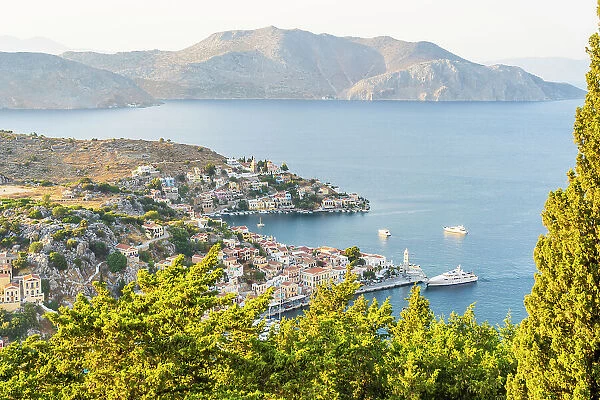 Elevated view over the colourful harbour in Symi, Dodecanese Islands, Greece