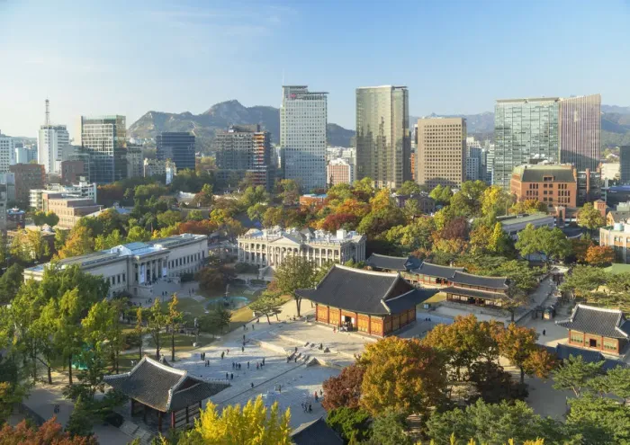 Framed Print : Elevated view of Deoksugung Palace and skyscrapers, Seoul, South Korea Framed Print : Elevated view of Deoksugung Palace and skyscrapers, Seoul, South Korea