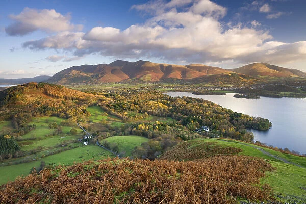 Elevated view of Derwent Water, Keswick and Skiddaw from Cat Bells, Lake District National Park, Cumbria, England, UK. Autumn (November) 2009