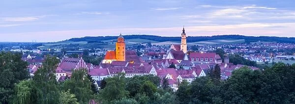 Elevated view over Donauworth Old Town illuminated at Dusk, Donauworth, Swabia, Bavaria