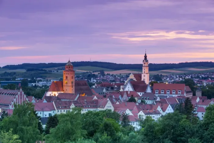 Framed Print : Elevated view over Donauworth Old Town illuminated at sunset, Donauworth, Swabia