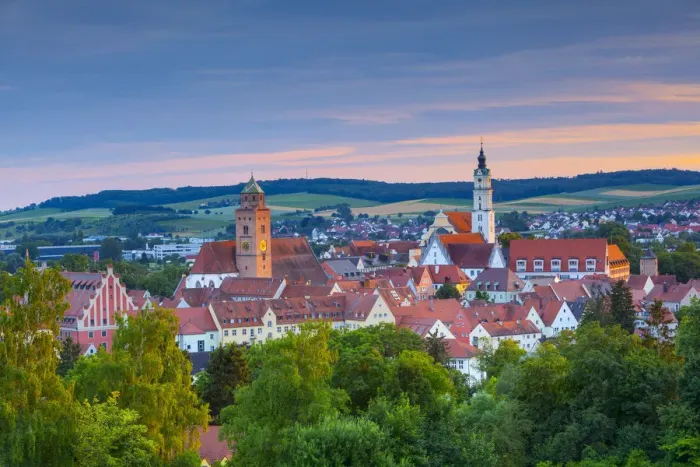 Framed Print : Elevated view over Donauworth Old Town illuminated at sunset, Donauworth, Swabia, Bavaria Framed Print : Elevated view over Donauworth Old Town illuminated at sunset, Donauworth, Swabia, Bavaria