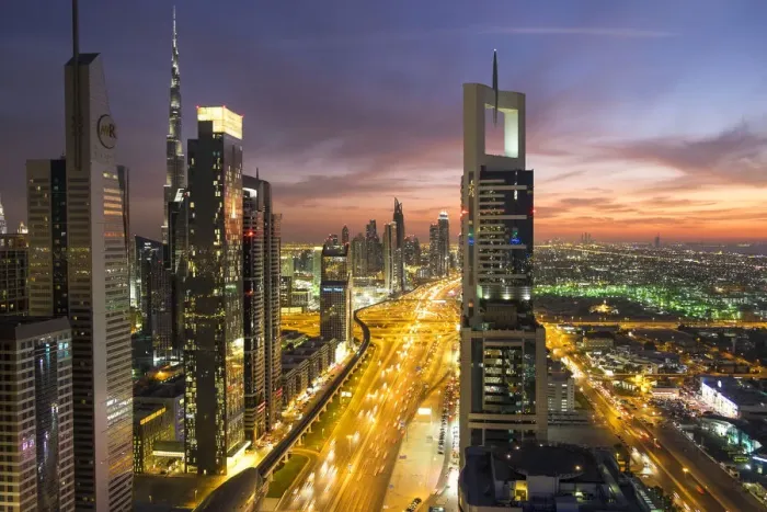 Framed Print : Elevated view at dusk over Downtown & Sheikh Zayed Road looking towards the Burj Framed Print : Elevated view at dusk over Downtown & Sheikh Zayed Road looking towards the Burj