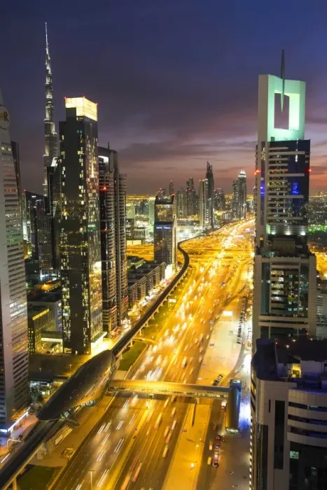Framed Print : Elevated view at dusk over Downtown & Sheikh Zayed Road looking towards the Burj Kalifa, Dubai, United Arab Emirates, UAE
