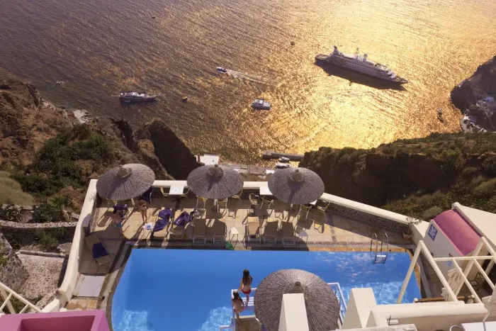 Framed Print : Elevated view of Fira, Santorini (Thira), Cyclades Islands, Greece Framed Print : Elevated view of Fira, Santorini (Thira), Cyclades Islands, Greece
