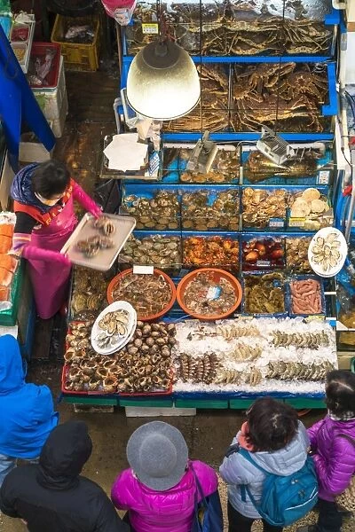 Elevated view of fish stalls, Noryangjin Fish Market, Seoul, South Korea