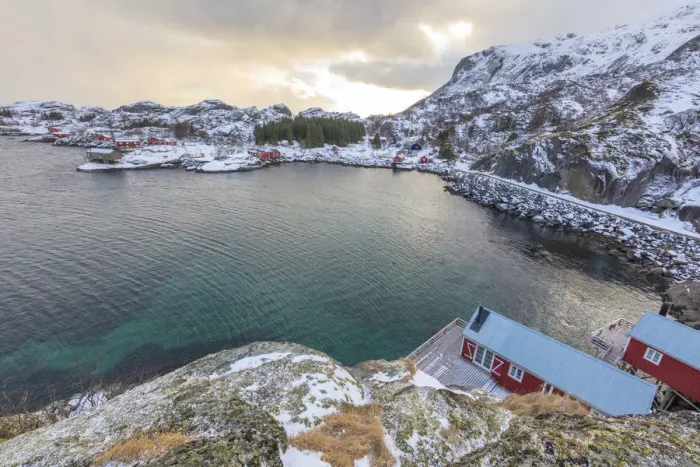 Framed Print : Elevated view of fishing village and sea, Nusfjord, Lofoten Islands, Norway Framed Print : Elevated view of fishing village and sea, Nusfjord, Lofoten Islands, Norway