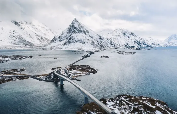 Framed Print : Elevated view of Fredvang bridges, Lofoten Islands, Nordland, Norway Framed Print : Elevated view of Fredvang bridges, Lofoten Islands, Nordland, Norway