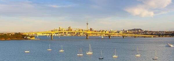 Elevated View Towards the Harbour Bridge and Central Business District illuminated at sunset, Auckland
