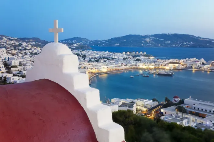 Framed Print : Elevated view over the harbour and old town, Mykonos (Hora), Cyclades Islands, Greece