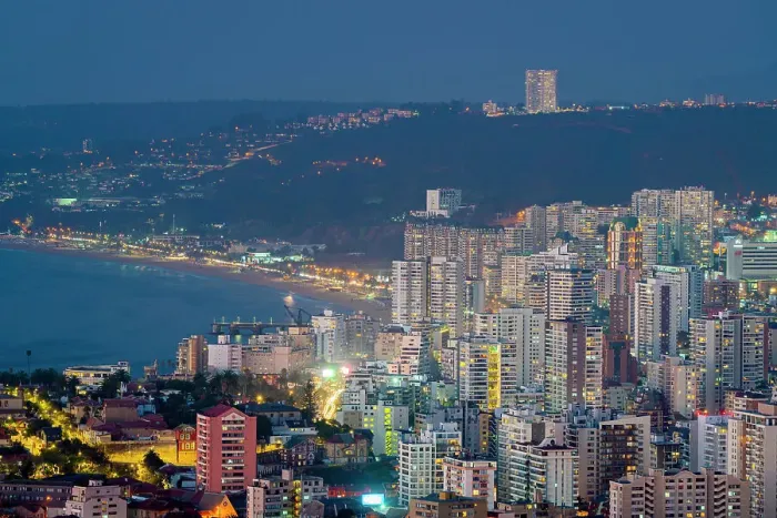 Framed Print : Elevated view of high-rise buildings of Vina del Mar at twilight, Valparaiso Province, Valparaiso Region, Chile Framed Print : Elevated view of high-rise buildings of Vina del Mar at twilight, Valparaiso Province, Valparaiso Region, Chile