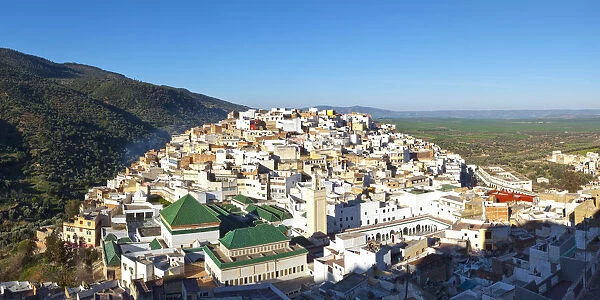 Elevated view over the historic hilltop town of Moulay Idriss, Morocco