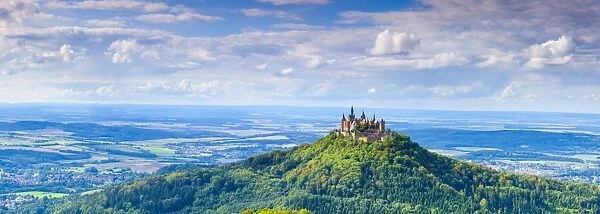Elevated view towards Hohenzollern Castle and sourrounding countryside, Swabia, Baden Wuerttemberg