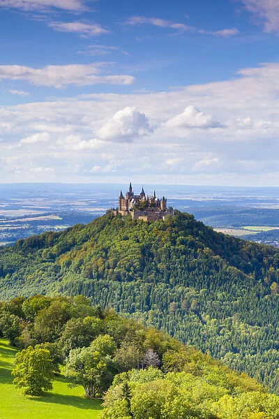 Elevated view towards Hohenzollern Castle and sourrounding countryside, Swabia, Baden