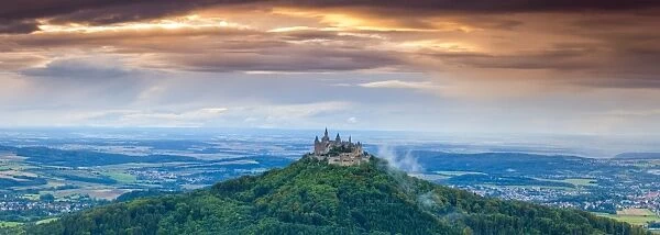 Elevated view towards Hohenzollern Castle & surrounding countryside at sunset, Swabia