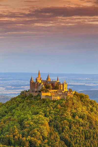 Elevated view towards Hohenzollern Castle & surrounding countryside at sunrise, Swabia