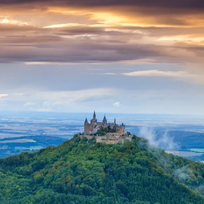 Framed Print : Elevated view towards Hohenzollern Castle & surrounding countryside at sunset, Swabia Framed Print : Elevated view towards Hohenzollern Castle & surrounding countryside at sunset, Swabia