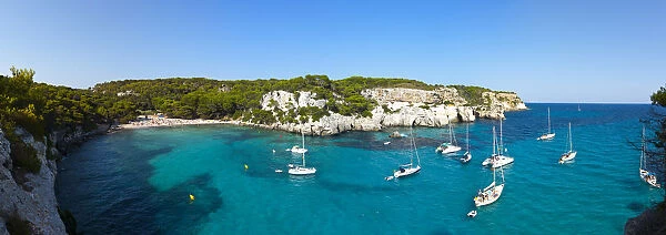 Elevated view over the idyllic bay  /  beach of Cala Macarelleta, Menorca, Balearic Islands