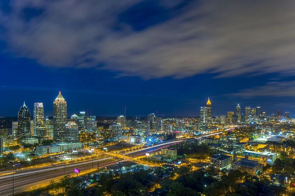 Elevated view over Interstate 85 passing the Atlanta skyline, Atlanta, Georgia, United