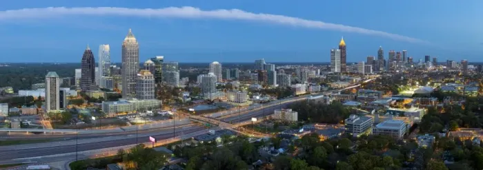 Framed Print : Elevated view over Interstate 85 passing the Atlanta skyline, Atlanta, Georgia, United