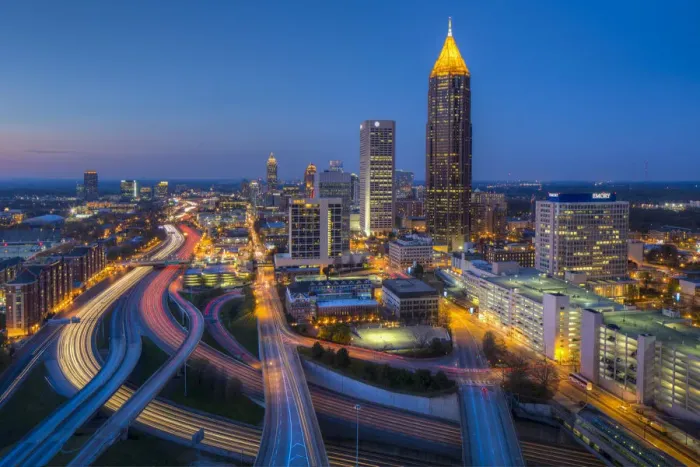 Framed Print : Elevated view over Interstate 85 passing the Midtown Atlanta skyline, Georgia, United Framed Print : Elevated view over Interstate 85 passing the Midtown Atlanta skyline, Georgia, United