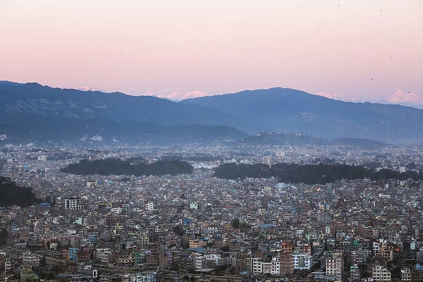 Elevated view of Kathmandu and himalaya range at sunset, Nepal