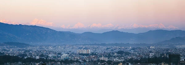 Elevated view of Kathmandu and himalaya range at sunset, Nepal
