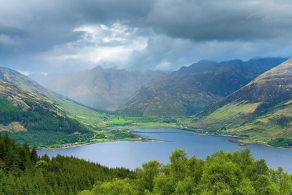 Elevated view of Kintail mountains and Loch Duich from Ratagan Pass, Lochalsh, Scottish Highlands, Scotland, UK