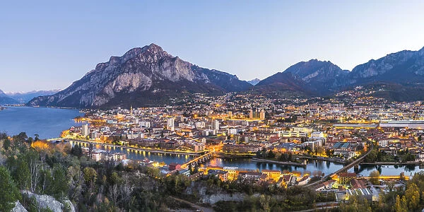 Elevated view of Lecco city with its 3 bridges. Lecco, Como lake, Lombardy, Italy