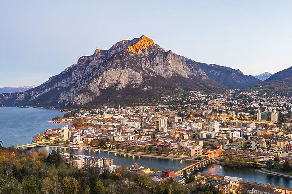 Elevated view of Lecco city with its 3 bridges. Lecco, Como lake, Lombardy, Italy
