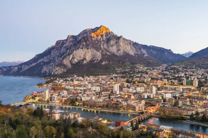 Framed Print : Elevated view of Lecco city with its 3 bridges. Lecco, Como lake, Lombardy, Italy Framed Print : Elevated view of Lecco city with its 3 bridges. Lecco, Como lake, Lombardy, Italy