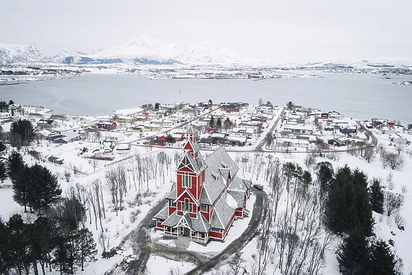 Elevated view of Leknes church, Leknes, Lofoten Islands, Nordland, Norway