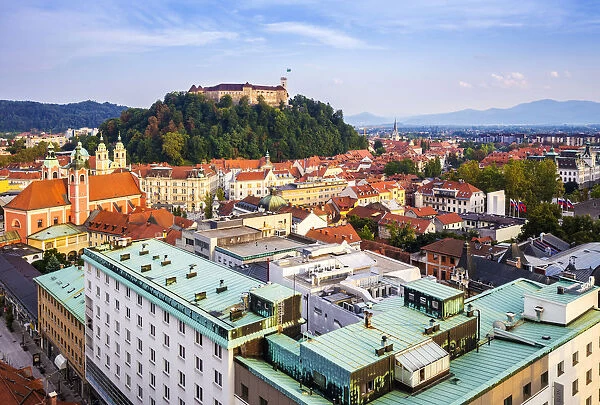 Elevated view of Ljubljiana old town, with the Franciscan Annunciation church