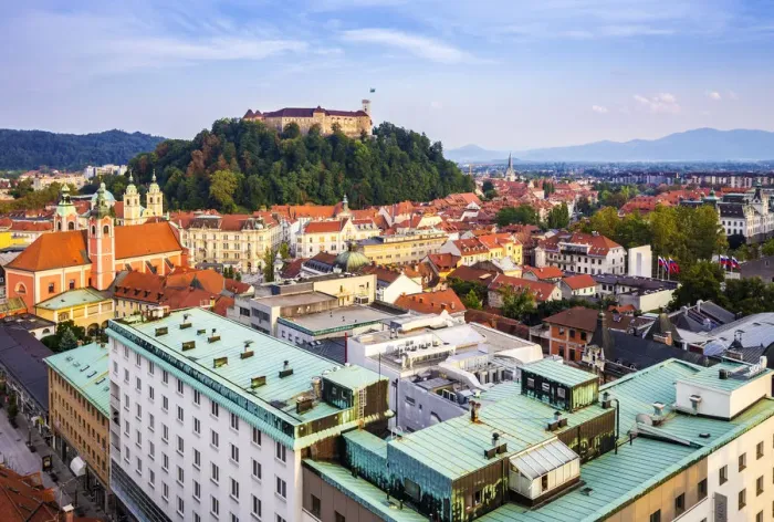 Framed Print : Elevated view of Ljubljiana old town, with the Franciscan Annunciation church Framed Print : Elevated view of Ljubljiana old town, with the Franciscan Annunciation church
