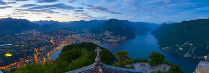Framed Print : Elevated view over Lugano from Monte San Salvatore illuminated at Dusk, Lake Lugano Framed Print : Elevated view over Lugano from Monte San Salvatore illuminated at Dusk, Lake Lugano